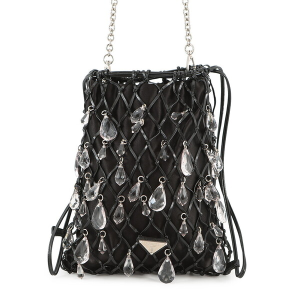 Prada Handbags - Prada Chain Shoulder Bag Bejeweled Drawstring Satin Black